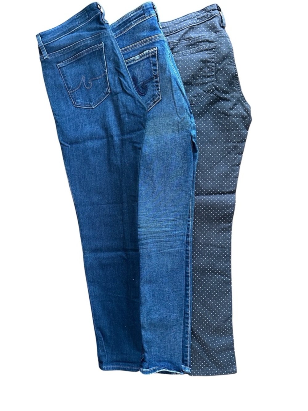 AG Jeans —dark blue, light blue, & polka dot denim 3 pair together